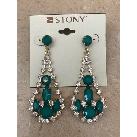 Stony Earrings Teal and Gold with Rhinestones - Picture 4 of 5